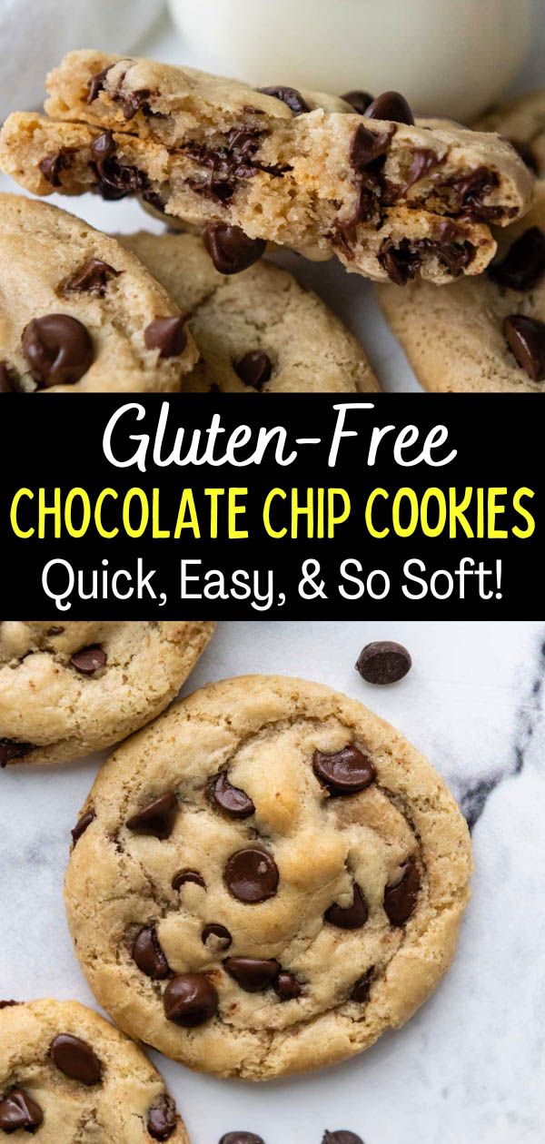 gluten - free chocolate chip cookies on a marble counter with milk in the background