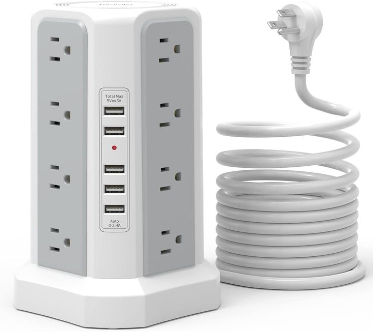 an electric outlet plugged in to a surge protector with multiple outlets and wires attached