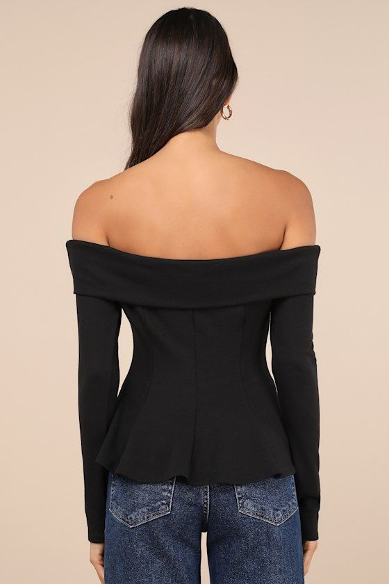 From casual occasions to going-out looks, we love the Lulus Flattering Pick Black Off-the-Shoulder Long Sleeve Top! Stretchy jersey knit fabric shapes this perfect top that has long fitted sleeves and an off-the-shoulder neckline with a wide band of foldover trim. Fitted bodice has a seamed design and a cute flaring hem. Fit: This garment fits true to size. Length: Size medium measures 15.75" from top to bottom. Bust: Great for any cup size. Waist: Fitted - stretchy fabric allows custom fit. Und Fitted Long Sleeve Off-shoulder Top For Fall, Black Stretch Off-shoulder Top In Elastane, Fall Long Sleeve Fitted Off-shoulder Top, Black Stretch Elastane Off-shoulder Top, Fitted Black Long Sleeve Off-shoulder Top, Fitted Black Off-shoulder Long Sleeve Top, Chic Fitted Off-shoulder Long Sleeve Top, Elegant Stretch One Shoulder Top With Long Sleeves, Stretch Long Sleeve Off-shoulder Top For Fall