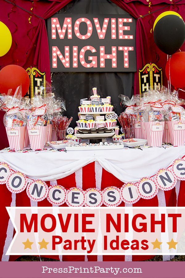 a movie night party with popcorn, cake and balloons