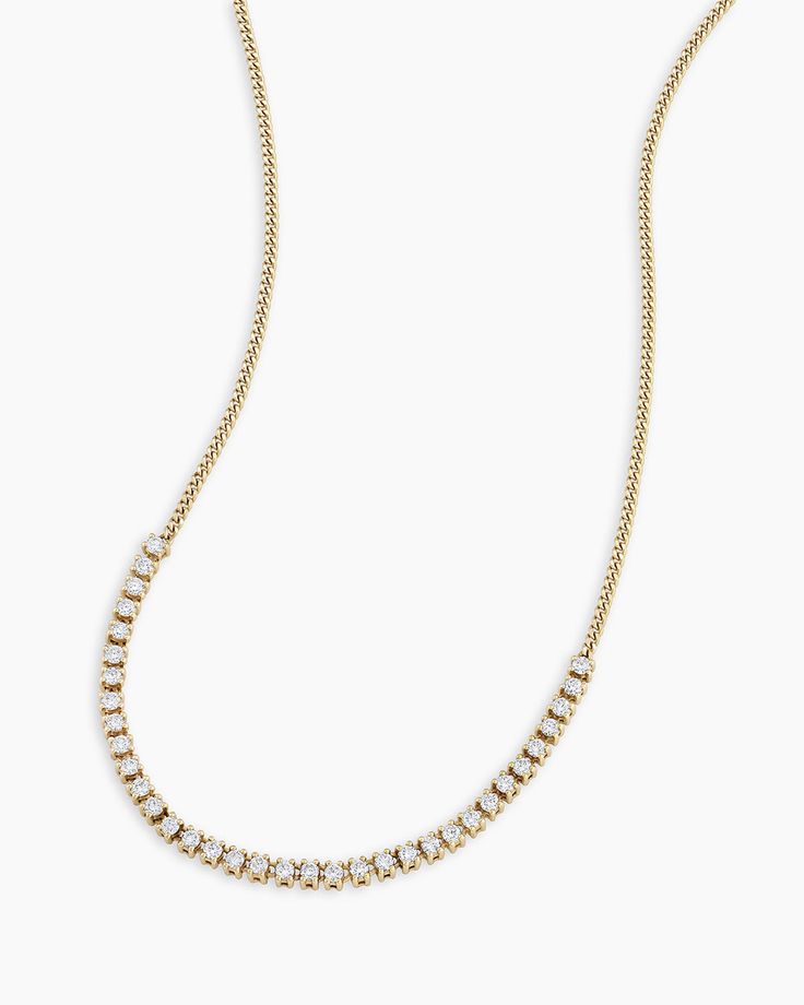 This half-diamond tennis necklace is a fun take on a classic style. 35 brilliant cut diamonds set in solid gold are eye-catching and easy to wear. Stack your diamond tennis necklace with other diamond necklaces and 14k gold chain necklaces for a statement look. Diamond Row Melbourne Necklace in 14k Solid Gold, Women's by gorjana Elegant Luxury Tennis Necklace With Brilliant Cut, Luxury Diamond-cut Tennis Necklace For Gift, Diamond Necklace On Chain, Earrings Stacking, Diamond Tennis Necklace, Diamond Necklaces, 14k Gold Necklace, Mix Style, Gold Necklaces