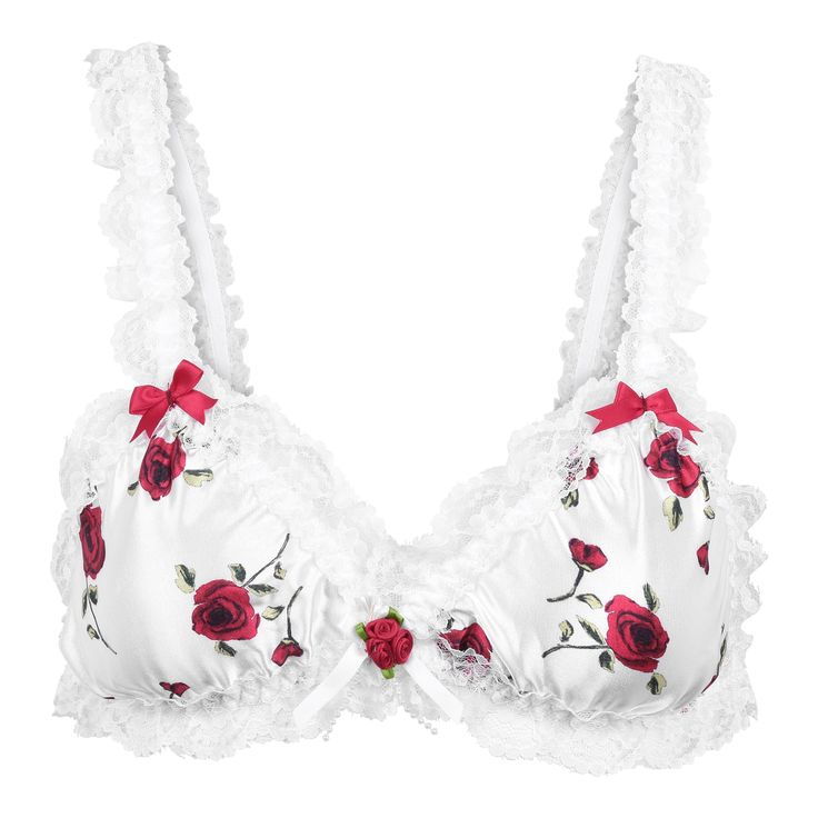 PRICES MAY VARY. Comfortable to wear - Made from a delicate satin fabric with elasticated shoulder straps, this sexy bralette will feel super smooth against your skin and is very comfortable to wear. Dainty Details - Nestled in the cleavage is a trio of gorgeous satin roses and string of faux pearls. Complimenting this, is a cute bow on each shoulder strap. Ruffled Trim - The underbust and elasticated straps are finished with a beautiful frilly lace. Versatile Underwear - This gorgeous underwear Feminine Lingerie, Honeymoon Night, Satin Bralette, Lingerie Party, Satin Roses, Everyday Bra, Cute Bow, White Bow, Cute Bows