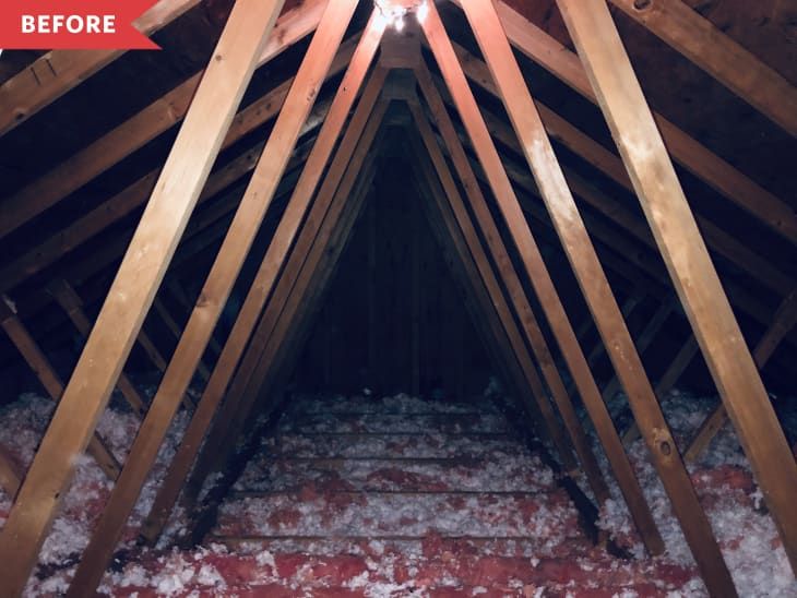 an attic with snow on the floor and red carpet in it, before and after remodeling