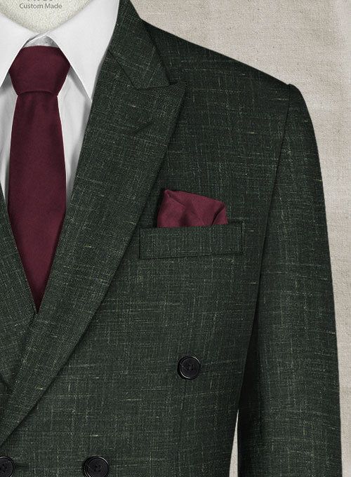 Looking for a suit that will make you feel sharp, polished and sophisticated, then you should go for our Italian Murano Bottle Green Wool Linen Double Breasted Suit. Crafted from a premium blend of wool, linen and silk, the texture on the green hue makes the suit especially versatile as well as will raise your interest level. 
 
 Look Includes  Italian Murano Bottle Green Wool Linen Fabric  Double Breasted Jacket Style  Peak Lapel  Horn Royal Black Buttons  Single Vent  Three Cuff Buttons  Two w Formal Linen Suits With Suit Collar, Formal Linen Suit With Suit Collar, Green Linen Suits With Notch Lapel, Green Linen Business Blazer, Formal Linen Sets With Suit Collar, Semi-formal Double-breasted Linen Suits, Fitted Linen Double Breasted Suit, Fitted Linen Double-breasted Suit, Formal Green Linen Blazer