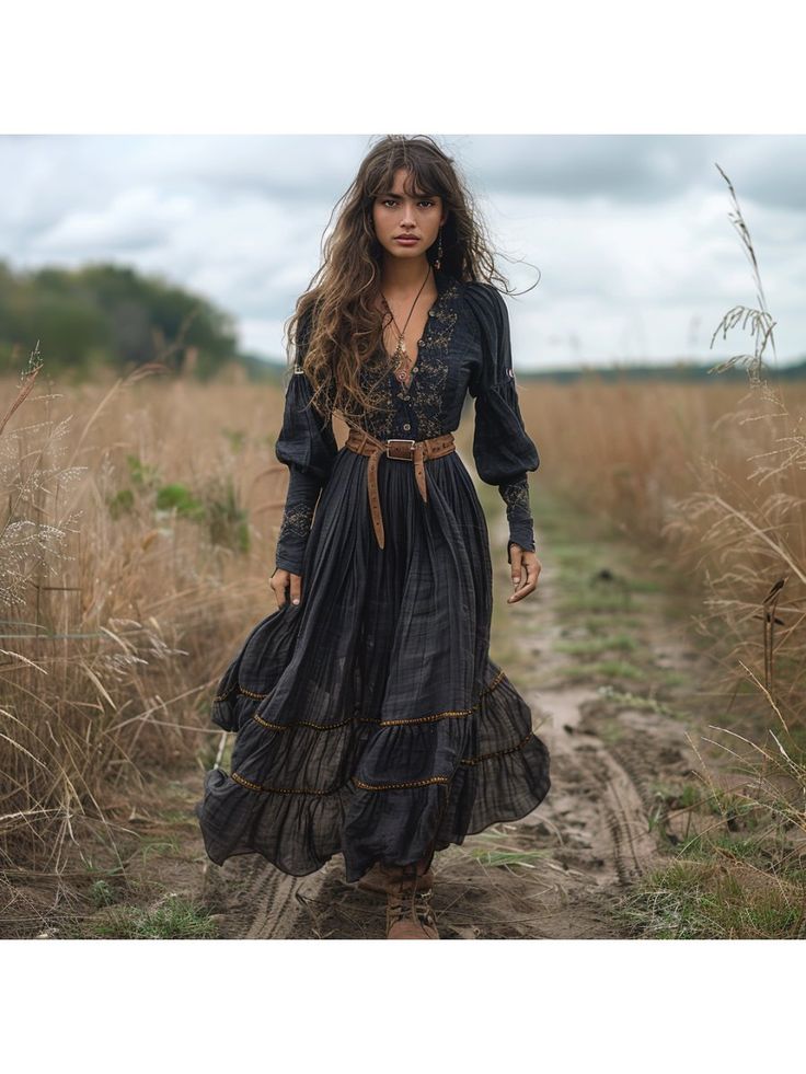 Women Elegant Dresses, Vintage V-neck Linen Women's Long-sleeved Long Dress Pastoral Style Linen Dress Bohemian V-neck Fall Dresses, Bohemian V-neck Midi Dress For Fall, Black V-neck Boho Dress For Spring, Bohemian V-neck Dress For Fall, Black Long Sleeve Bohemian Dress, Spring V-neck Peasant Dress, Black Bohemian V-neck Dress, Bohemian Fitted V-neck Long Sleeve Dress, Fitted Long Sleeve Bohemian V-neck Dress