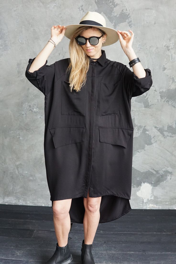 New oversized shirt design in a relaxed silhouette adn oversized cut. Features classic collar and wide front pockets. Style it with ripped denim for casual wear or with leather trousers for a special occasion. Oversized black shirt / Classic black shirt / Long sleeved shirt / Maxi blouse / Women blouse / Plus size clothing / Maternity clothing Composition: Viscose 100% Model is 175cm height Available in sizes: S - M - L S - Bust: 86-89cm; Waist: 66-69cm; Hips: 94-97cm; M - Bust: 90-93cm; Waist: Long Shirt Plus Size, Trendy Oversized Shirt Dress For Fall, Trendy Oversized Button-up Shirt Dress, Oversized Cotton Shirt Dress, Black Relaxed Fit Cotton Blouse, Black Relaxed Fit Button-up Shirt Dress, Black Cotton Relaxed Fit Shirt Dress, Black Relaxed Fit Cotton Shirt Dress, Oversized Black Cotton Blouse