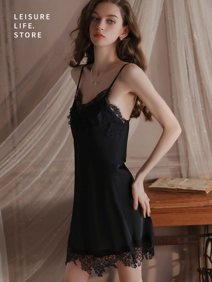 black Silky Satin Lace Nightdress Sexy Deep V Suspender Nightdress Robe Home Clothes Set Night Out Camisole Chemise With Built-in Bra, Coquette Satin Sleepwear For Night Out, Fitted Slip With Built-in Bra For Night, Black Satin Slip Dress For Wedding Night, Elegant Black Bedtime Dress, Party Sleepwear With Built-in Bra In Satin, Black Satin Nightgown For Wedding Night, Black Dresses With Spaghetti Straps For Wedding Night, Sleeveless Stretch Mini Dress For Night