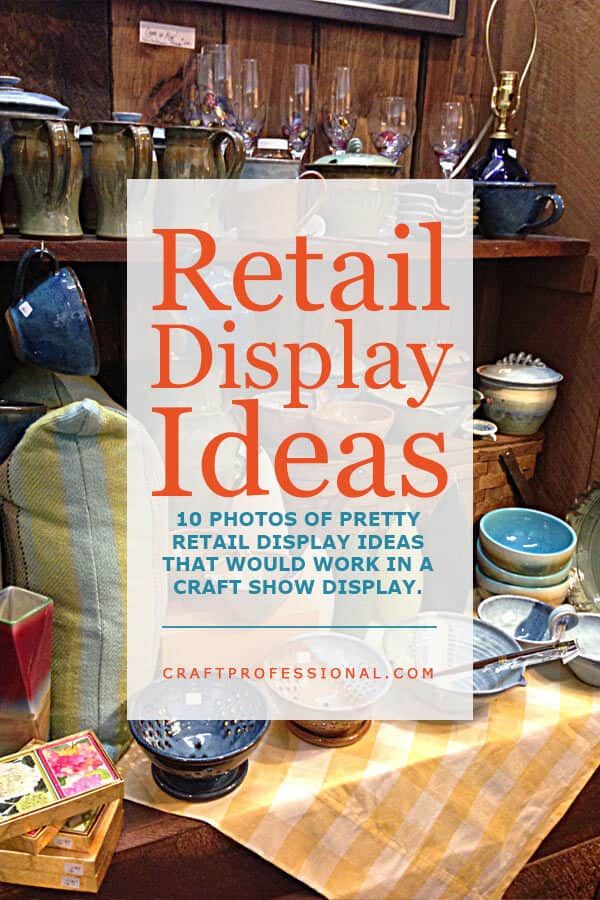 the front cover of retail display ideas, featuring plates and bowls on a table with an old wooden shelf in the background