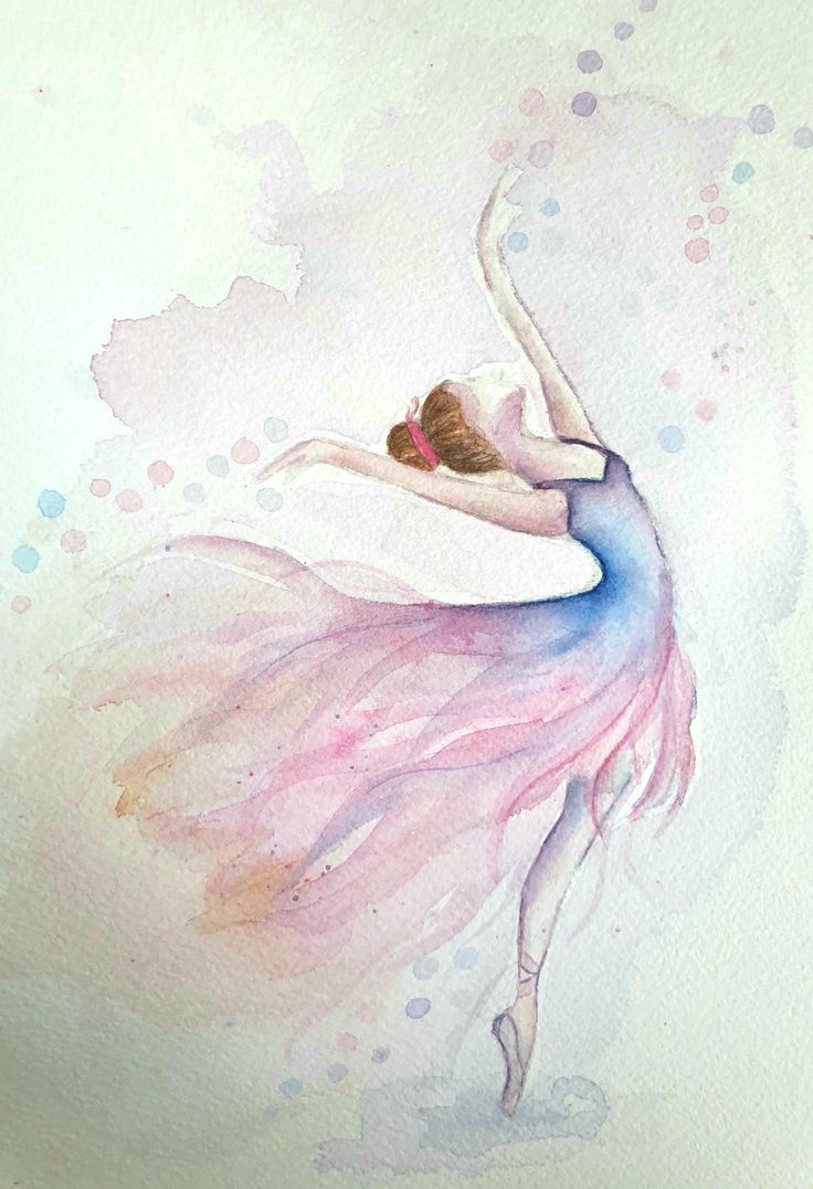 a watercolor painting of a ballerina in pink and blue