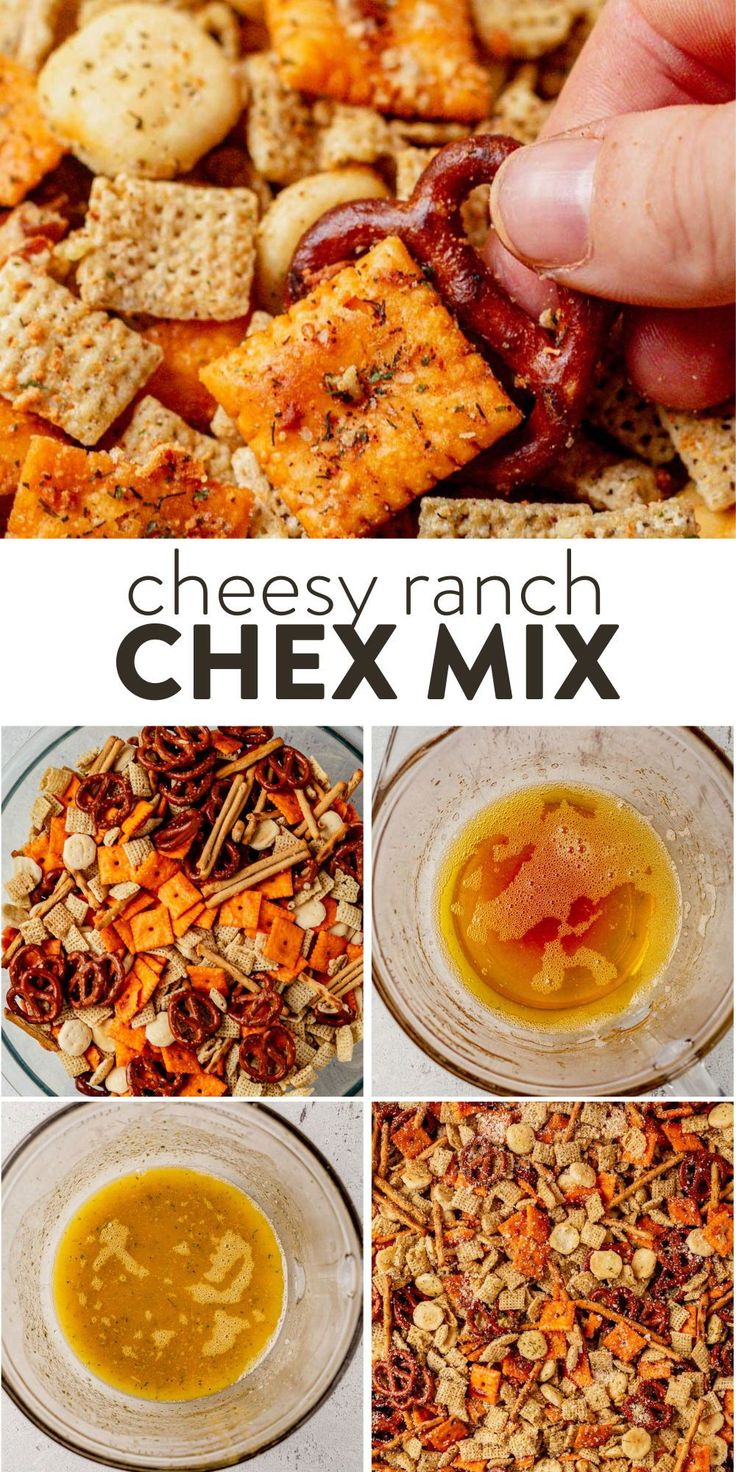 cheese ranch chex mix is shown in four different pictures, including the ingredients and how to make it