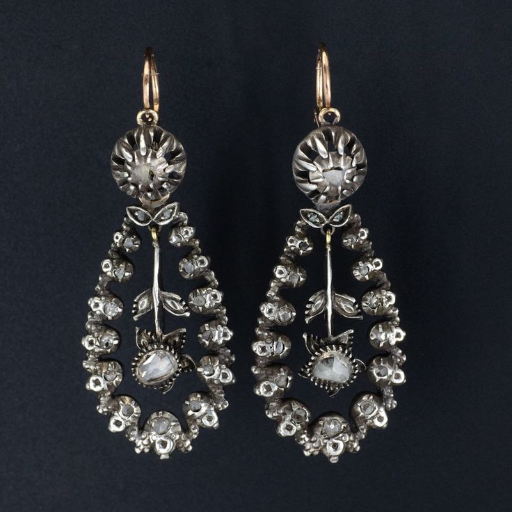 Antique Diamond Earrings | Victorian Earrings | Diamond Flower Earrings | Georgian Revival Earrings | Silver & Gold Earrings Antique Drop Earrings With Historical Design, Victorian Style Ceremonial Earrings For Pierced Ears, Antique Earrings With Historical Design For Ceremonial Occasions, Victorian Hallmarked Earrings For Ceremonial Occasions, Antique Ceremonial Dangle Earrings, Antique Dangle Earrings For Ceremonies, Antique Ceremonial Earrings For Pierced Ears, Victorian White Gold Diamond Earrings With 17 Jewels, Victorian Diamond Earrings In White Gold With 17 Jewels