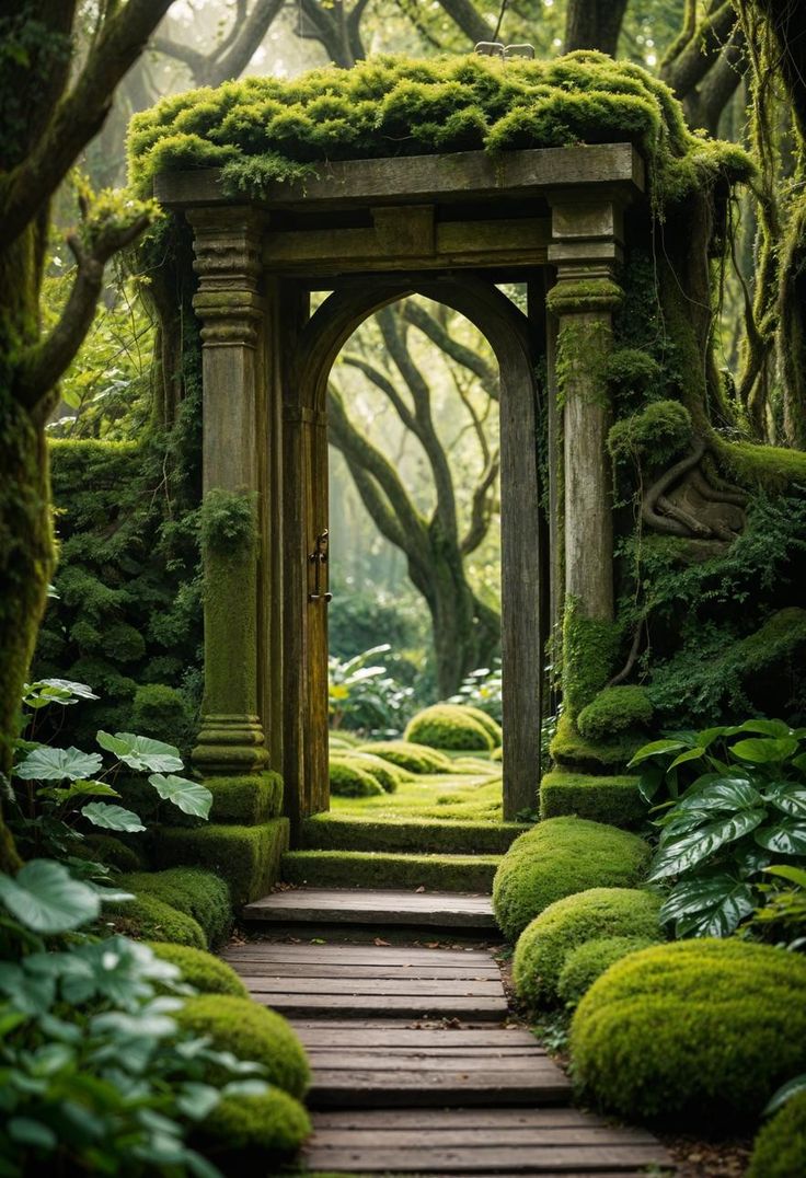 an open doorway in the middle of a forest with moss growing on it's sides