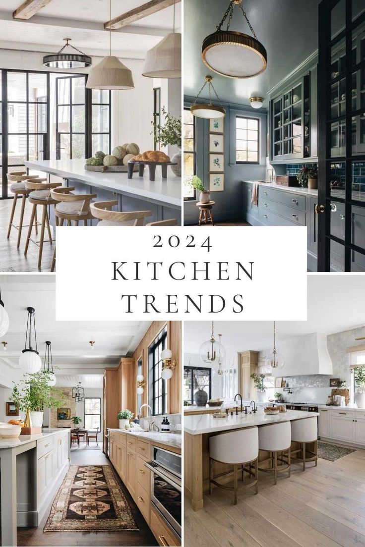 the kitchen and dining room are featured in this collage