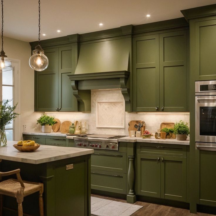 a kitchen with green cabinets and an island in front of the stove, oven and microwave