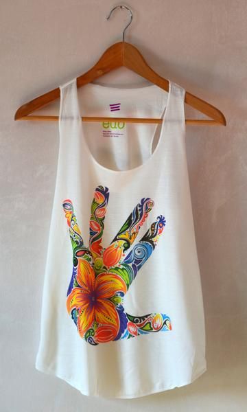 a white tank top with an image of a hand print on the front and bottom