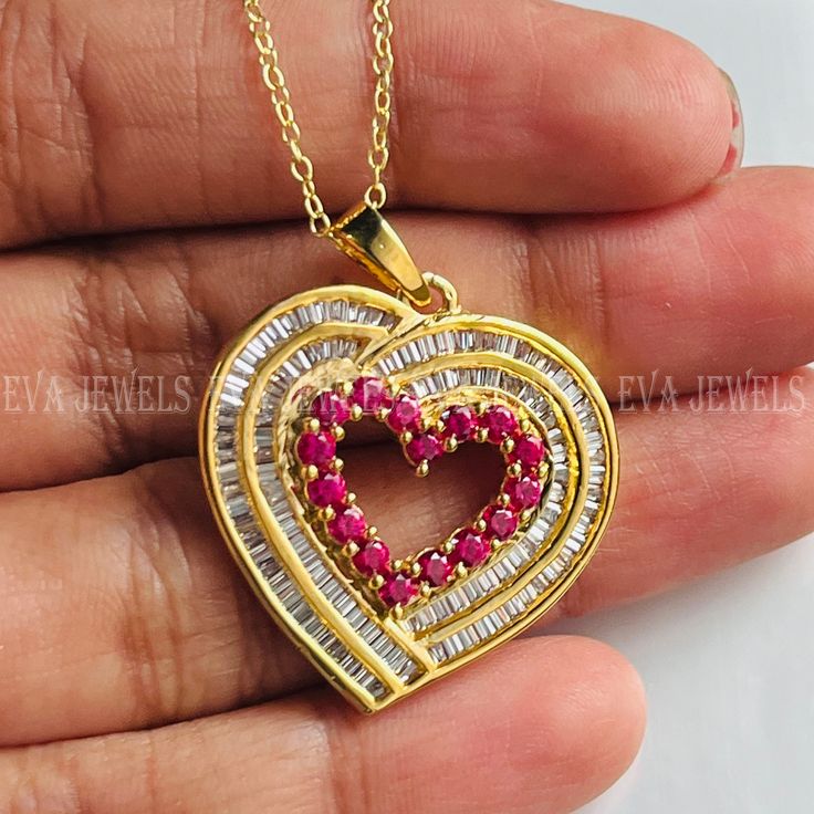 14k Yellow Gold Over 1.90Ct Round Cut Red Ruby & CZ Diamond Heart Pendant With 18" Chain, Mother's Day Gift 925 Silver Heart Collection ⭐ Available⭐ > 14K White Gold Plated 925 Sterling Silver > 14K Yellow Gold Plated 925 Sterling Silver > 14K Rose Gold Plated 925 Sterling Silver **WE LOVE CUSTOM ORDERS** YOU ASKED,WE MADE IT (FREE OF COST) ⭐ Item Detail⭐ > Material: Solid Sterling Silver > Gem type: Ruby & Cubic Zirconia > Stone Creation: Lab Created > Stone Color: Red & White > Stone Shape: Ro Heart Necklace With Cubic Zirconia For Valentine's Day, Valentine's Day Heart Necklace With Cubic Zirconia Gemstone, Cubic Zirconia Heart Necklace With Gemstone For Valentine's Day, Heart-shaped Ruby Jewelry For Valentine's Day, Fine Jewelry Ruby Necklace For Valentine's Day, Red Heart Cut Diamond Necklace, Ruby Heart Charm Necklace For Anniversary, Ruby Heart Pendant For Valentine's Day, Ruby Heart Pendant Jewelry For Valentine's Day