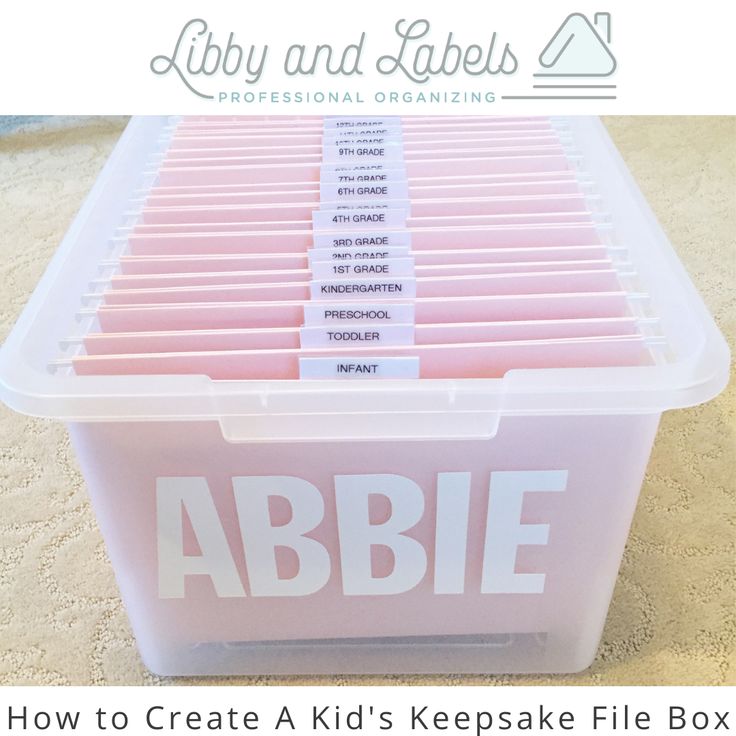 a plastic storage box with labels on it that says how to create kid's keepsake file boxes