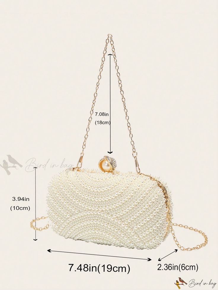 Bird in Bag - Exquisite Womens Evening Handbags - Luxurious Pearl Clutch Purse with Beaded Embellishments - Elegant Bridal Clutch and Wedding Purse featuring a chic Chain Strap Elegant Pearl White Beaded Clutch, Elegant Bags With Pearl Chain, Glamorous Pearl Evening Bag For Wedding, Pearl Beaded Evening Bag For Formal Occasions, Pearl White Clutch For Wedding, Formal Beaded Pearl Evening Bag, Gold Beaded Bridal Accessories For Formal Occasions, Gold Embellished Bridal Accessories For Party, Formal Bags With Pearl Chain