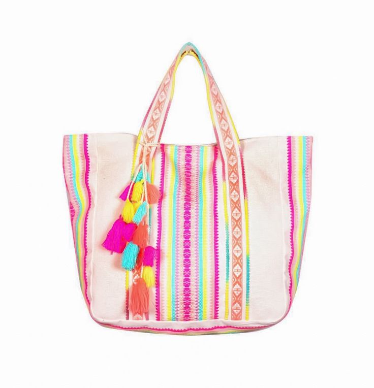 Pink Cotton Summer Beach Bag, Pink Summer Cotton Beach Bag, Summer Pink Cotton Beach Bag, Summer Cotton Beach Bag For Shopping, Pink Canvas Beach Bag For Summer, Summer Pink Canvas Beach Bag, Pink Cotton Beach Bag, Pink Cotton Vacation Bags, Multicolor Shoulder Bag For Shopping On Vacation