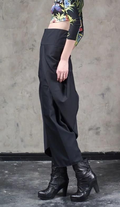 (1) Original Design High Waist Wide Leg Culottes Big Crotch Harem Pants // – Ofelya Boutique Avant-garde Baggy Wide Leg Bottoms, Avant-garde Baggy Wide Leg Pants, Avant-garde Black Bottoms For Spring, Avant-garde Cotton Bottoms With Pockets, Fitted High-waisted Parachute Pants With Belt Loops, Avant-garde Wide Leg Bottoms For Spring, Black Avant-garde Bottoms For Spring, Wide-leg Cotton Harem Pants With Belt Loops, Fitted Cotton Harem Pants With Pockets