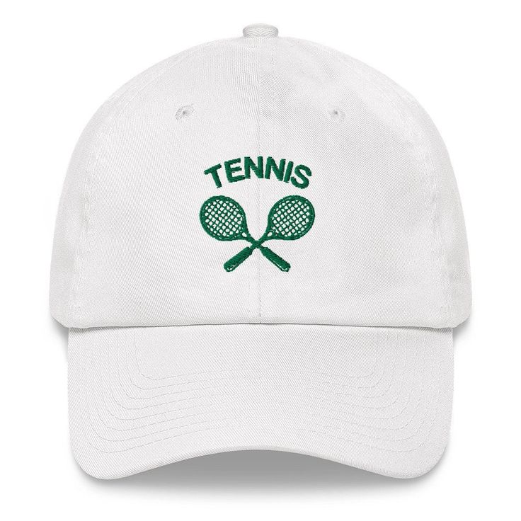 "This Tennis sun hat got a low profile with an adjustable strap and curved visor. * 100% chino cotton twill * Green Camo color is 35% chino cotton twill, 65% polyester * Unstructured, 6-panel, low-profile * 6 embroidered eyelets * 3 ⅛\" (7.6 cm) crown * Adjustable strap with antique buckle * Blank product sourced from Vietnam or Bangladesh" Y2k Moodboard, Mode Tennis, Tennis Wimbledon, Hat Quotes, Tennis Hat, Mom Embroidery, Caps Style, Embroidery Hat, Tennis Rackets