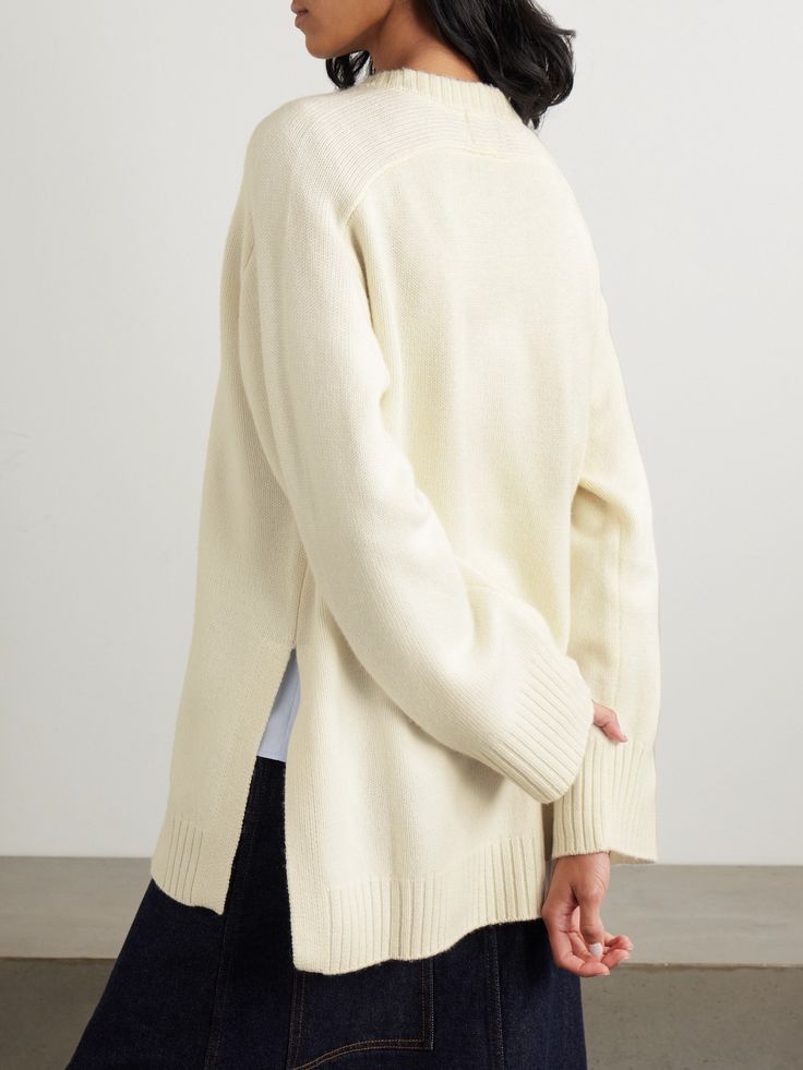 Find LOULOU STUDIO Safi Oversized Wool And Cashmere-blend Sweater on Editorialist. LOULOU STUDIO takes a laid-back approach to knitwear with this oversized 'Safi' sweater. It's made from an exceptionally soft natural blend of wool and cashmere. Play with textures by styling it with buttery leather. Elegant Oversized Sweater For Daywear, Oversized Elegant Sweater For Daywear, Off White Layering Sweater, Classic Oversized Sweater, Oversized Cashmere Sweater For Daywear, Elegant Oversized White Sweater, Cream Oversized Sweater For Daywear, Oversized Neutral Sweater For Work, Relaxed Fit Cream Sweater For Work