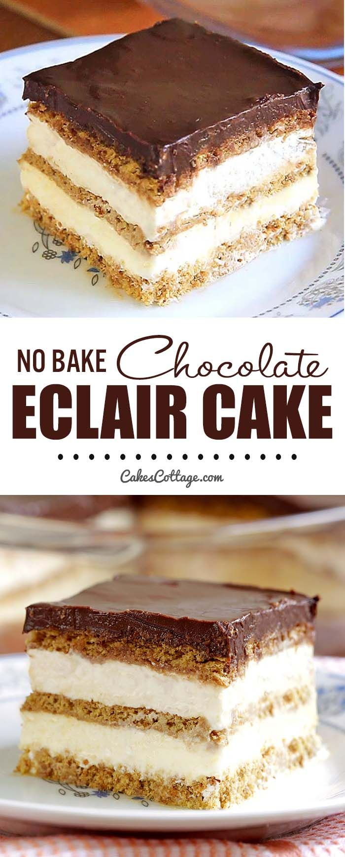 no bake chocolate eclair cake on a plate with the title above it