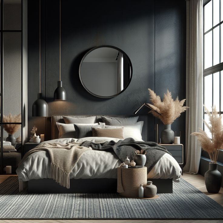 Snug and modern bedroom with a dark, Industrial aesthetic. King-sized platform bed with Padded headboard, neutral pillows, and a Woven throw blanket. Circular mirror on a dark grey wall, Bedside chest with ceramic pots, Contemporary black lamp. Floor-to-ceiling windows with white curtains, delicate plants in vases. Jute rug in Slate and navy tones. Bedroom With Round Mirror, Dark Edgy Bedroom, Bedroom Dark Gray Headboard, Black Comforter Bedroom Ideas Luxury, Black Grey And Cream Bedroom, Charcoal Bedroom Decor, Neutral And Black Bedding, Dark Modern Farmhouse Bedroom, Grey And Black Bedroom Aesthetic