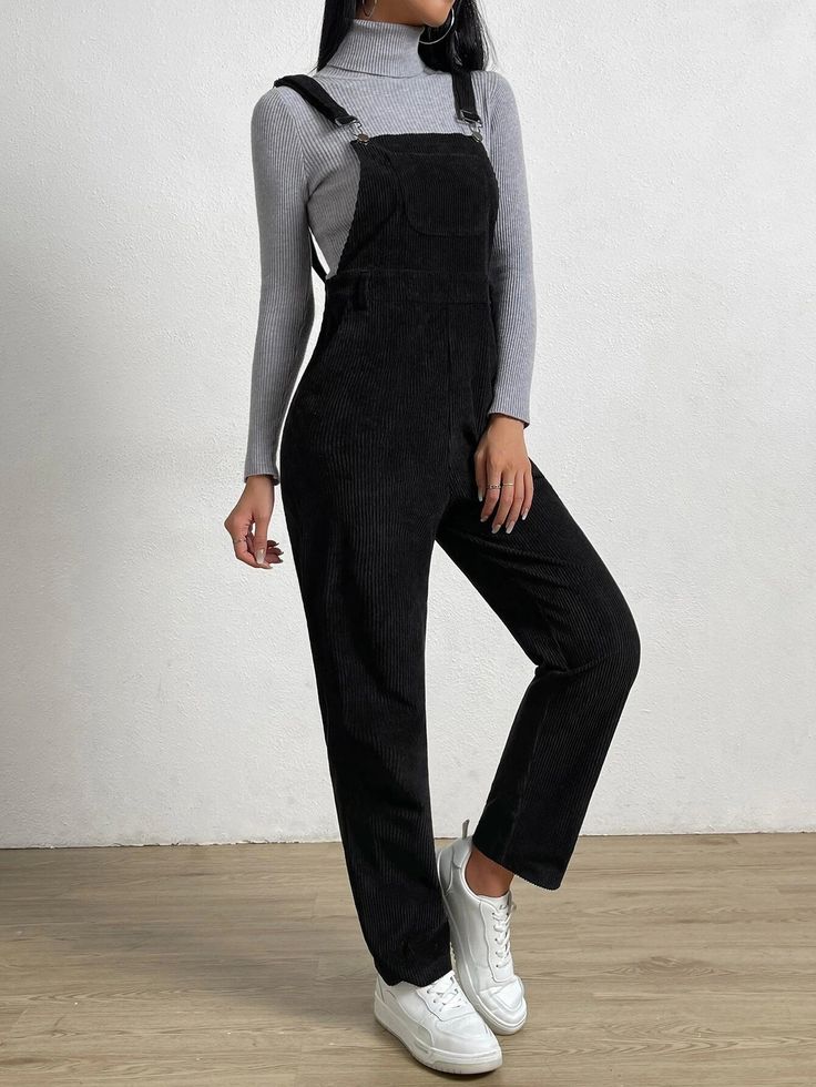 This Sleeveless Pocket Front Jumpsuit Without T-Shirt is a great professional piece for any wardrobe. This jumpsuit features a long-length, high-waisted silhouette with pockets and straps at the neckline. It's made from corduroy fabric with a slight stretch for comfort and durability while maintaining its shape. The overall fit is regular, allowing you to move freely without feeling constricted. Perfect for both office wear and casual occasions, this jumpsuit will ensure you look polished and stylish all day long. Features: Style: Casual Pattern Type: Plain Details: Pocket Length: Long Type: Overall Fit Type: Regular Fit Neckline: Straps Sleeve Length: Sleeveless Waist Line: High Waist Fabric: Slight Stretch Material: Corduroy Composition: 100% Polyester Body: Unlined Sheer: No Size Chart Corduroy Dungarees, Corduroy Overall, Comfy Jumpsuits, Overall Jumpsuit, Rocker Style, Corduroy Fabric, Denim Jumpsuit, Dungarees, Office Wear