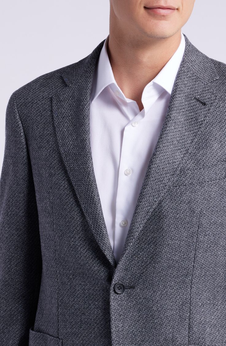 A geometric weave of mottled-grey wool distinguishes a sport coat that's tailored with traditional detailing and styled to elevate any semiformal look. 29 1/2" length (size 43US/54EU R) Notched lapels Cuff buttons may not be attached. Jackets purchased at full price can have the sleeve length customized for free at your local Nordstrom Chest welt pocket; front patch pockets Side vents Partially lined 100% wool Dry clean Made in Italy Tailored Tweed Sport Coat For Formal Occasions, Formal Tailored Tweed Sport Coat, Business Casual Wool Tweed Jacket With Pressed Crease, Timeless Tweed Jacket With Herringbone Pattern For Business, Timeless Business Tweed Jacket With Herringbone Pattern, Business Casual Wool Tweed Jacket, Luxury Tweed Blazer For Business Casual, Elegant Tweed Sport Coat For Semi-formal, Elegant Tweed Sport Coat For Semi-formal Occasions