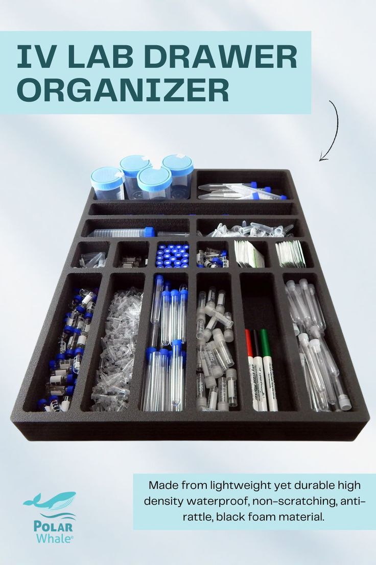 an open drawer with toothbrushes and dental floss in it, labeled iv lab drawer organizer