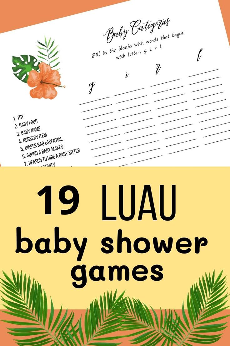 the baby shower game is shown with palm leaves and flowers on it's side