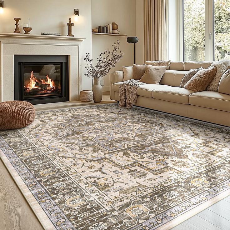 a living room with a large rug on the floor and a fire place in the fireplace