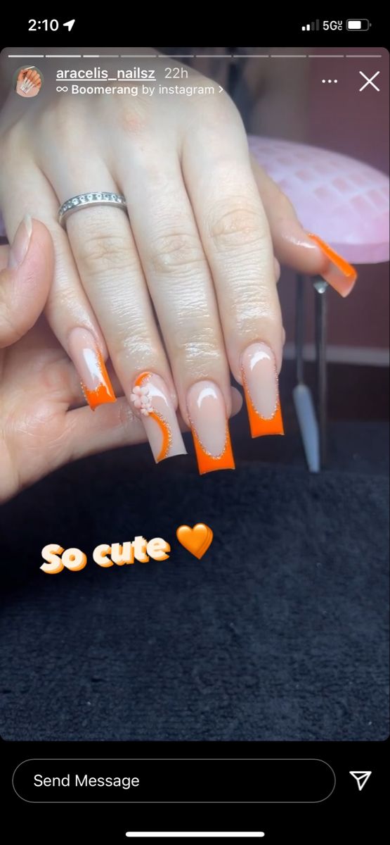 Orange Sets Nails, Cute Short Nail Sets Orange, Orange And Silver Nails Prom, Neon Orange Acrylic Nails Short, Orange Prom Nails Short, Medium Orange Nails, Orange Medium Nails, Orange Tapered Square Nails, Nails With Orange Dress