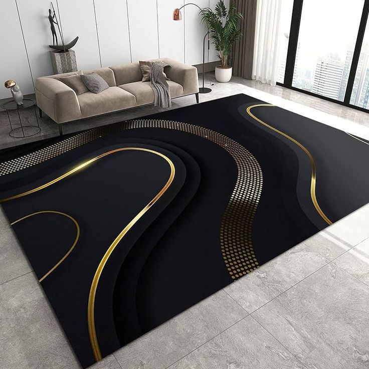 a living room area rug with black and gold lines on the floor in front of a couch