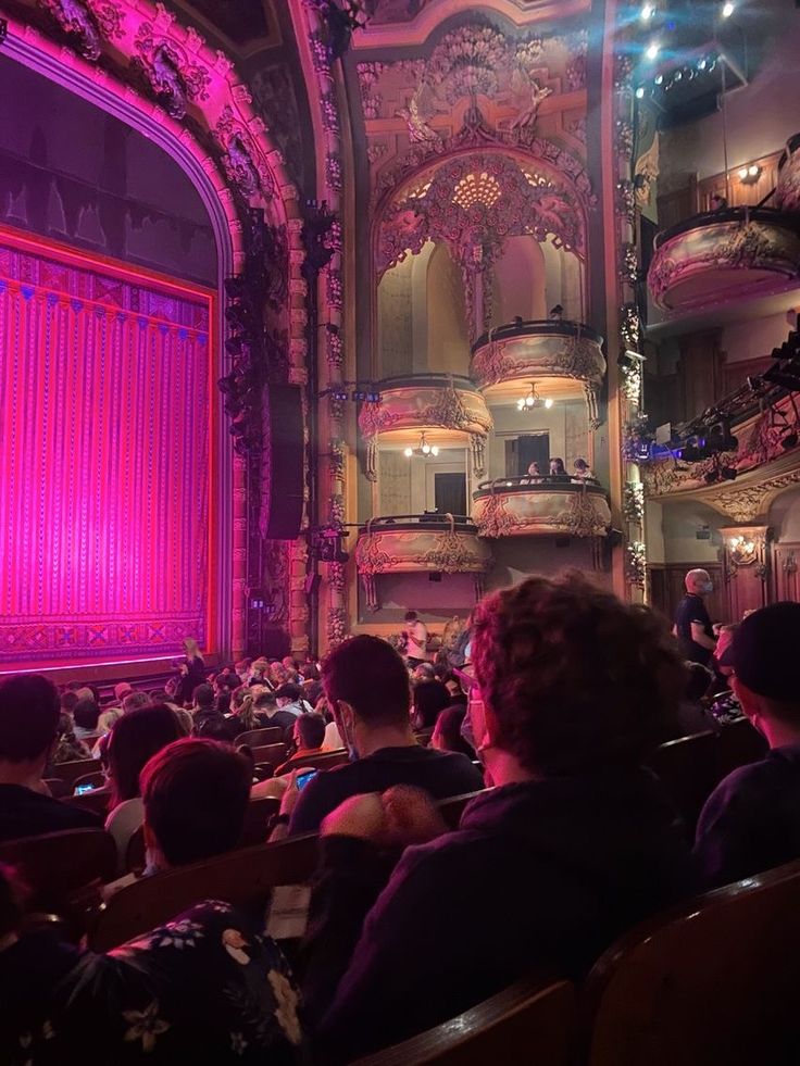 an auditorium filled with people sitting and standing in front of a pink curtained window