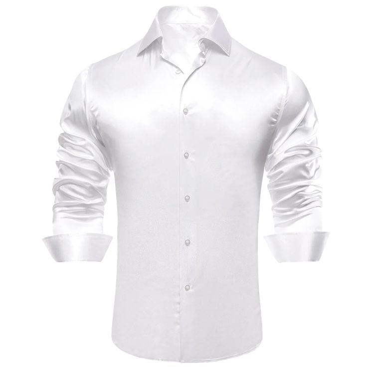 The White Silk Dress Shirt is a must-have for any stylish wardrobe. Made from premium quality silk, it feels luxurious against the skin and drapes beautifully, providing a sleek and sophisticated look. The classic white color of this shirt makes it versatile and easy to pair with any suit or tie, making it perfect for any formal or professional occasion. It has a button-up front and a traditional point collar, lending a timeless feel to the design. The material is breathable and lightweight, and White Slim Fit Shirt For Party, Elegant Silk Top For Business, White Long Sleeve Luxury Dress Shirt, Luxury White Long Sleeve Dress Shirt, Elegant Wrinkle-resistant Button-up Shirt, Classic Fitted Dress Shirt For Party, Elegant Silk Shirt For Business Casual, Elegant Semi-formal Summer Shirt, Elegant Business Top With Wrinkle-resistant Fabric