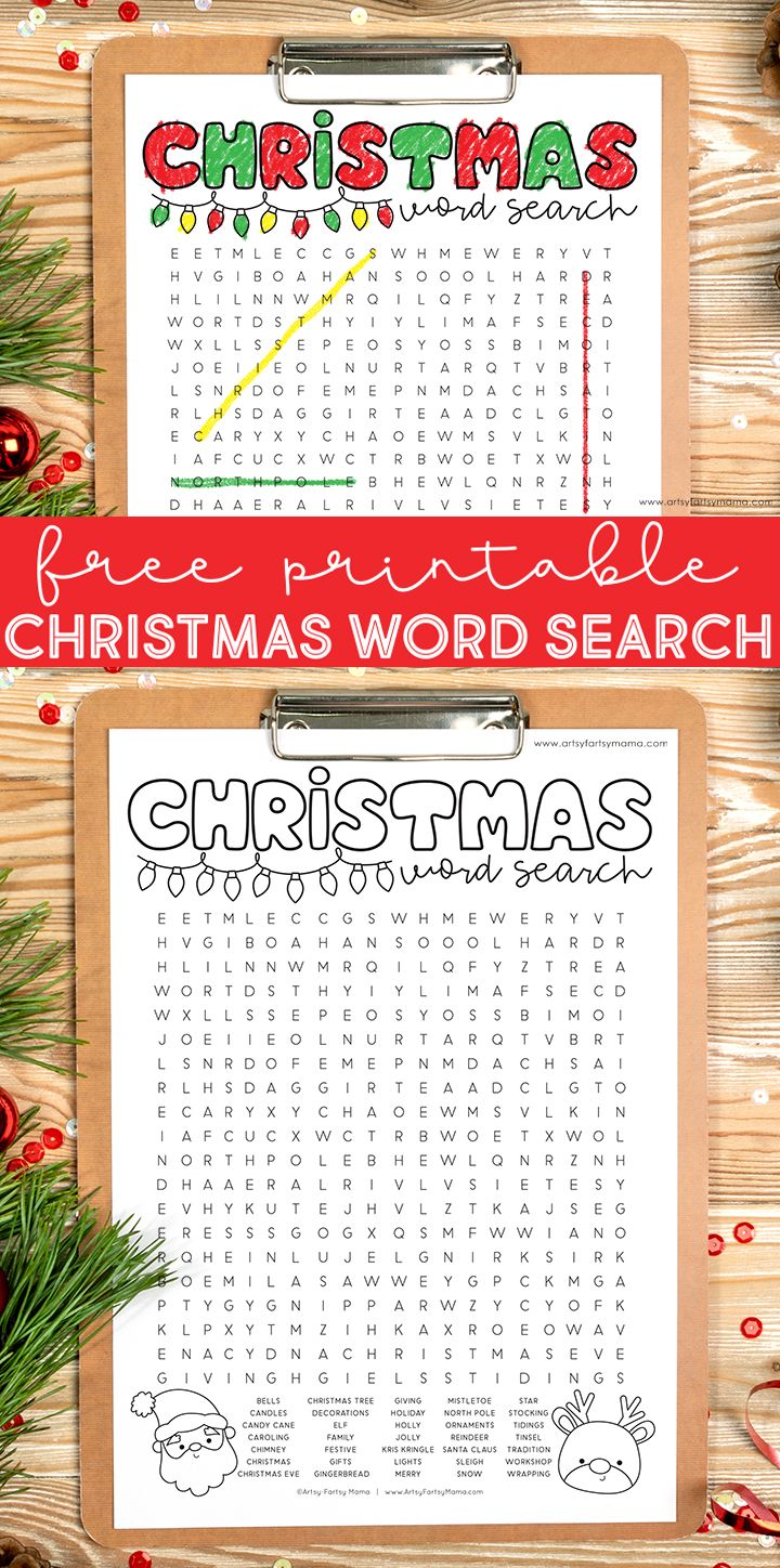 a christmas word search is shown on a clipboard