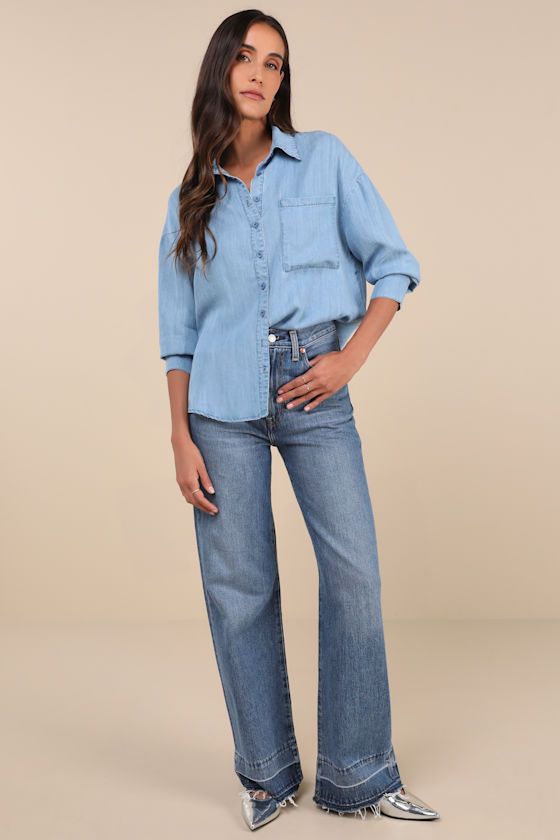 Get ready to fall in love with the Lulus Coveted Option Blue Chambray Long Sleeve Button-Up Top! Lightweight woven chambray shapes this essential top that has long sleeves with button cuffs and a collared neckline. A functional button placket accents the front, alongside a single patch pocket. Slightly rounded, hip-length hems complete the look. Fit: This garment fits true to size. Length: Size medium measures 26.5" from shoulder to hem. Bust: Great for any cup size. Waist: Not Fitted - comforta Chic Button-up Denim Top For Fall, Chic Fall Button-up Denim Top, Denim Blue Button-up Workwear Blouse, Light Indigo Denim Button-up Top, Chic Washed Blue Long Sleeve Denim Top, Everyday Long Sleeve Blouse With Buttoned Pockets, Relaxed Fit Denim Blouse With Buttons, Denim Blouse With Button Closure And Relaxed Fit, Chic Long Sleeve Tops With Buttoned Pockets