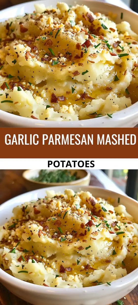 two pictures of garlic parmesan mashed potatoes in a white bowl on a wooden table