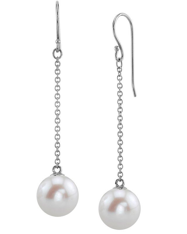 Freshwater Pearl Sandra Earrings Classic Pearl Chain Earrings, Classic Round Pearl Chain Earrings, Classic Drop Earrings With Pearl Chain, Classic White Gold Earrings With Pearl Chain, White Gold Akoya Pearl Dangle Earrings, Elegant Akoya Pearl Dangle Earrings, Formal Pearl Chain Drop Earrings, Formal Dangle Pearl Earrings With Pendant, Refined Pearl Earrings For Formal Occasions