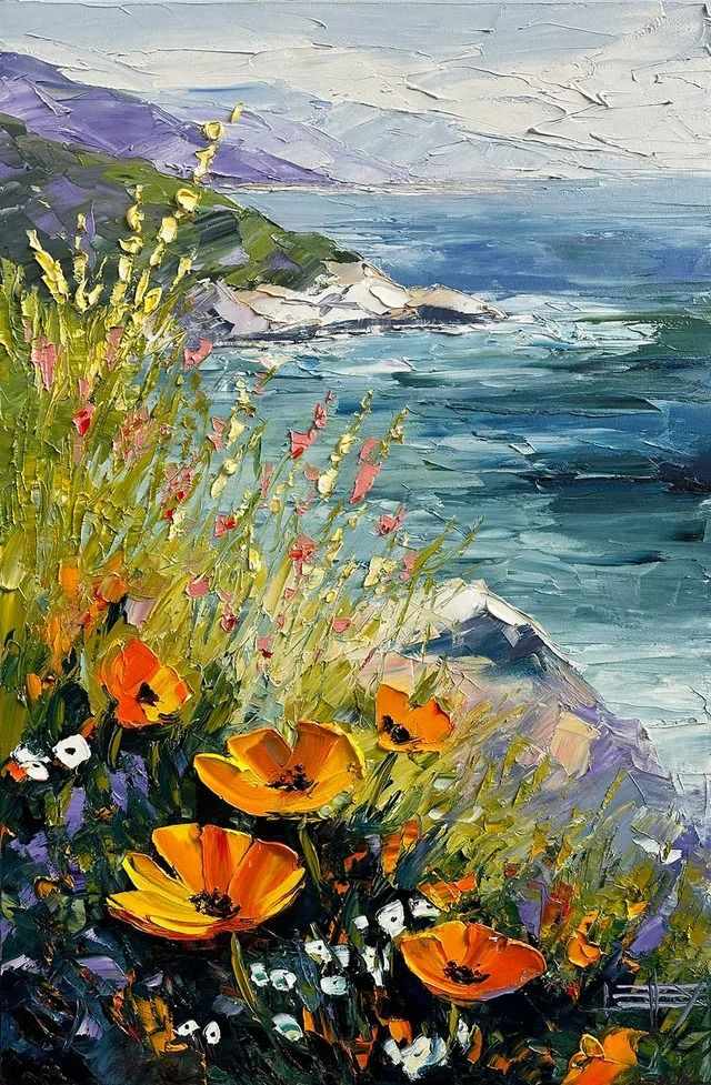 an oil painting of flowers by the ocean