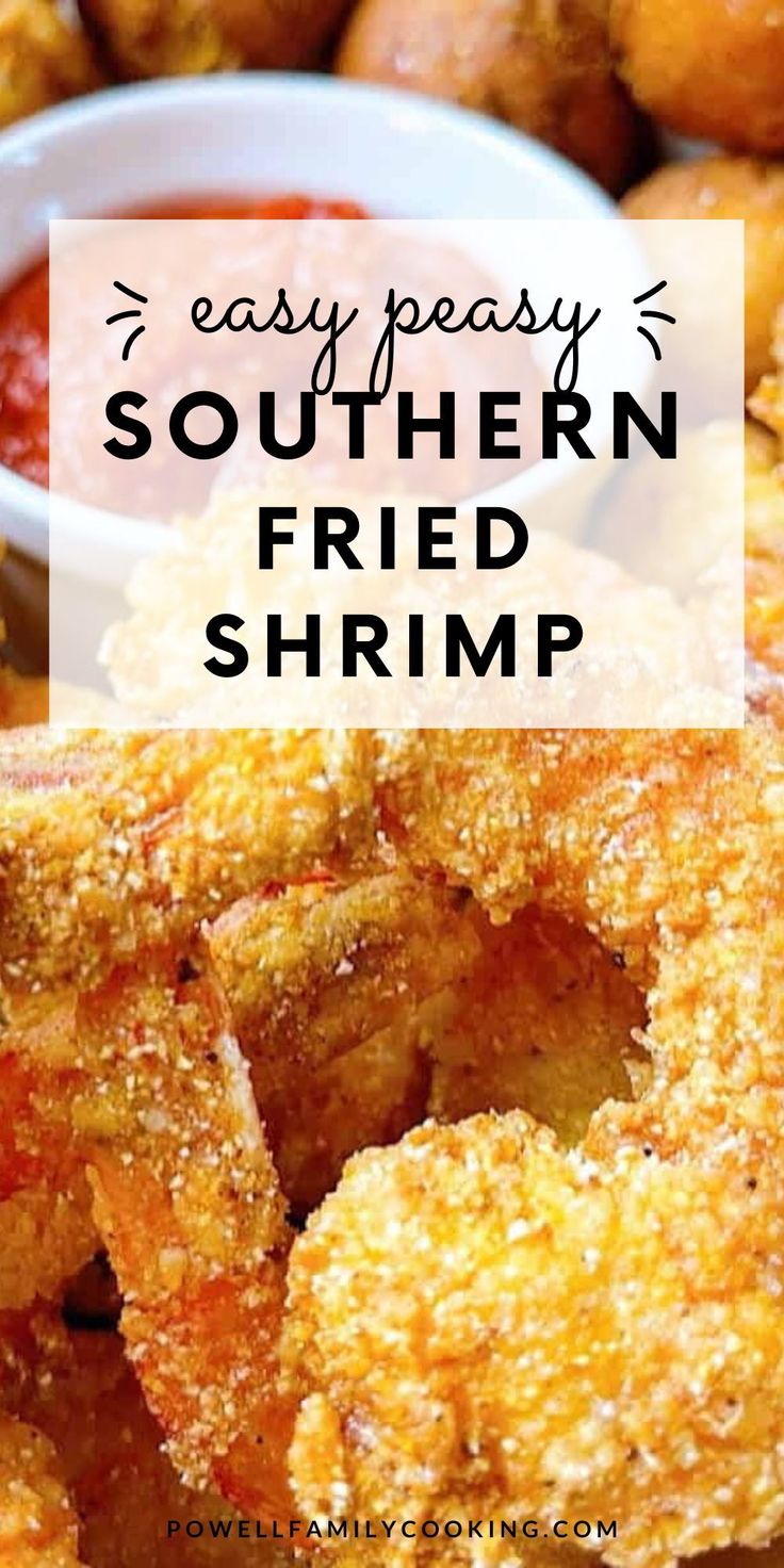 fried shrimp rings with ketchup and dipping sauce on the side, text overlay reads easy peasy southern fried shrimp