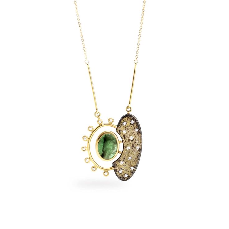 Gold, Silver & Stone Necklace - This necklace features a lovely deep green, 2.51ct emerald set in 18K yellow gold and surrounded by diamonds, G color and VS2 clarity, with .02tcw. The stardust is created by fusing bits of 18K yellow gold to oxidized sterling silver. This pendant hangs on a 1.1mm 18K yellow gold cable chain. and closes with a spring ring clasp. 2 Stone Necklace, Green 14k Gold Jewelry With Single Cut Diamonds, Luxury Green Diamond Necklace With Single Cut Diamonds, Green Diamond Necklace With Single Cut Diamonds, Gold Jewelry With Single Cut Diamonds For May Birthstone, Green Pendant Necklace With Diamond Accents, Fine Jewelry With Green Rose Cut Diamonds, Green Emerald Diamond Pendant Necklace, Fine Jewelry With Rose Cut Green Diamonds