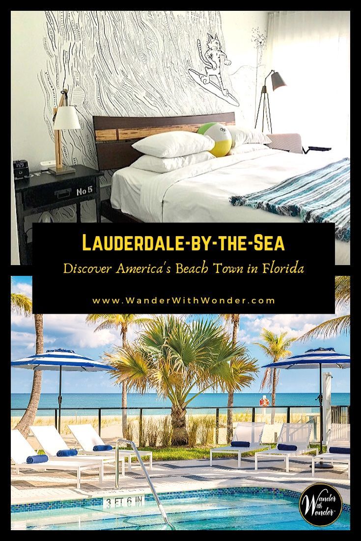 a bed sitting next to a swimming pool with palm trees in front of it and the words, lauderdale by the sea discovery america's beach town in florida