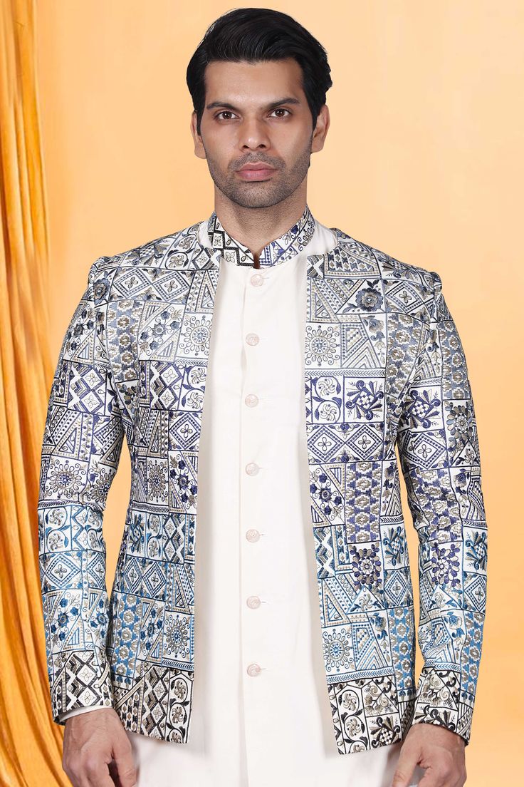 This Mens Bandhgala M42-S76 exudes sophistication with its intricate thread work and open jacket design. Crafted with luxurious materials, this piece offers a touch of exclusivity and adds a refined touch to any outfit. Elevate your style with this premium bandhgala. Transitional Long Sleeve Nehru Jacket For Party, Traditional Spring Outerwear For Formal Occasions, Traditional Spring Formal Outerwear, Designer Bandhgala For Winter Reception, Designer Fitted Nehru Jacket With Long Sleeves, Designer Winter Bandhgala For Reception, Designer Tailored Outerwear For Festive Occasions, Designer Tailored Outerwear For Festive Season, Designer Fitted Blazer For Reception