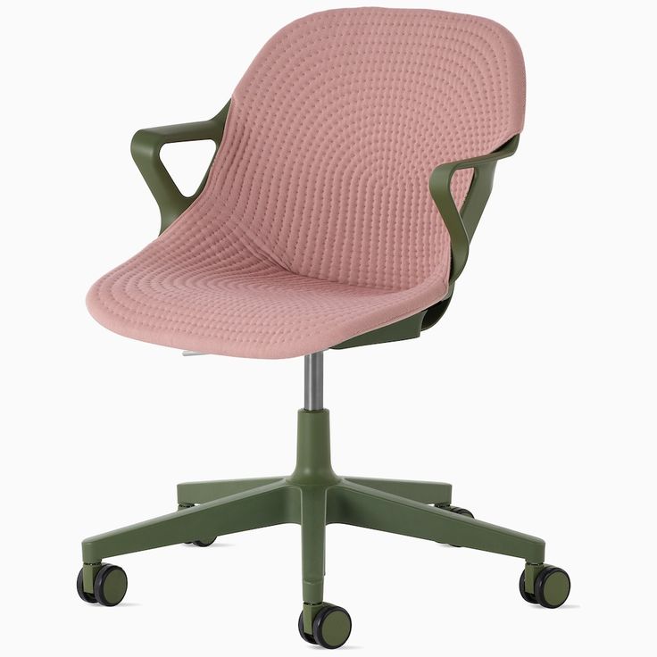 an office chair with wheels and a pink upholstered seat, viewed from the front