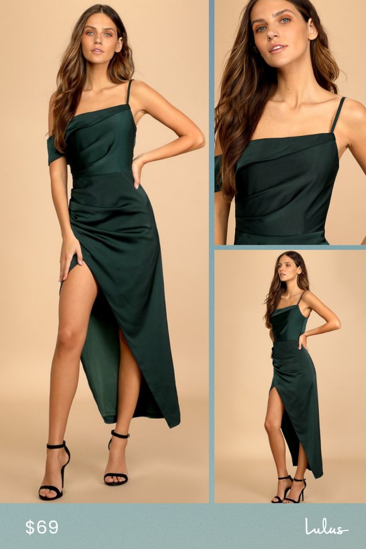 The Lulus Showing Off a Little Dark Green Asymmetrical Tulip Midi Dress is the perfect mix of sultry and classy! Satiny woven fabric shapes this dress that has a unique asymmetrical neckline (with no-slip strips) with a single adjustable strap and an off-the-shoulder strap. Light gathering accents the bodice and waist atop an overlapping tulip midi skirt. Hidden side zipper/clasp. Fit: This garment fits true to size. Length: Ankle length. Size medium measures 49" from adjustable straps to hem. B Adhesive Bra, Asymmetrical Neckline, Strapless Bra, Formal Wedding, Christmas Wedding, I Dress, Ankle Length, Perfect Dress, Side Zipper