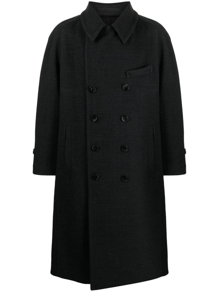 Double-breasted Wool Coat With Button Closure, Tailored Double-breasted Pea Coat With Button Cuffs, Tailored Double-breasted Pea Coat With Button Closure, Classic Long Sleeve Peacoat With Buttons, Winter Tailoring Pea Coat With Button Cuffs, Wool Coat With Double-breasted Button Fastening, Wool Double-breasted Long Sleeve Coat, Black Pea Coat With Double Button Closure, Double-breasted Wool Coat With Long Sleeves