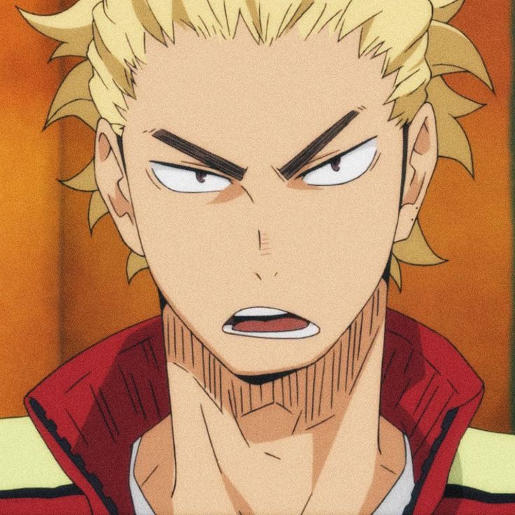 an anime character with blonde hair and blue eyes looking at the camera while wearing a red jacket